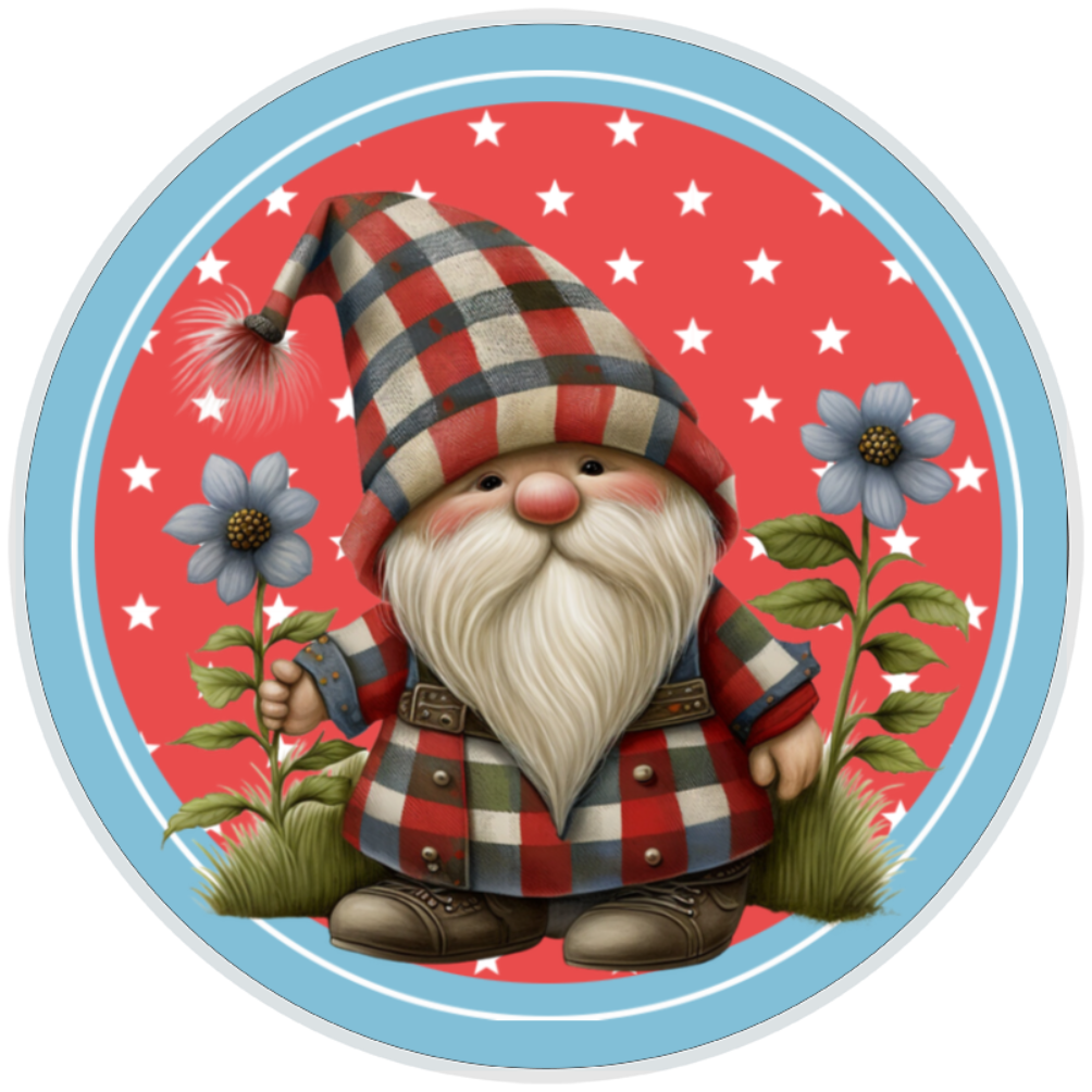 10” Patriotic Plaid Gnome Wreath  Sign, Home Decor, Aluminum, The Ritzy Cactus