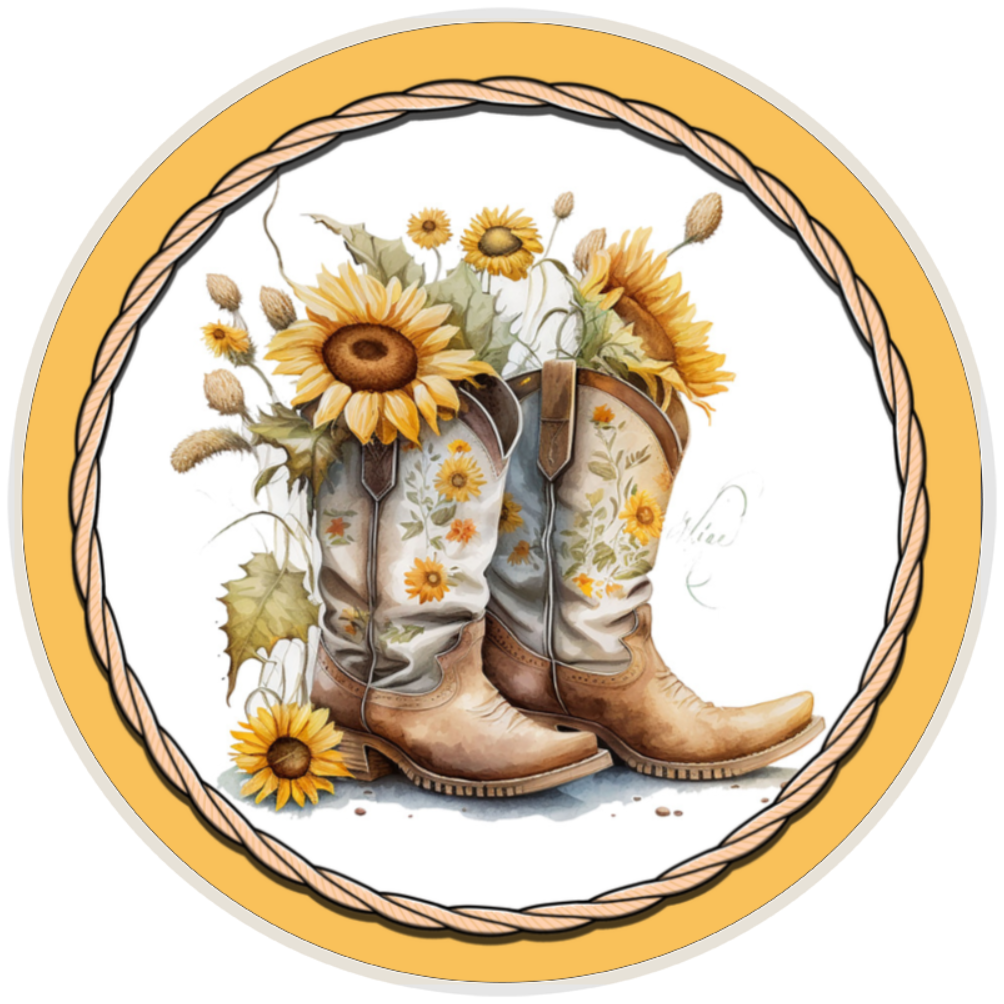 10” Western Cowboy Boot Sunflower Wreath Sign, Home Decor, Aluminum, The Ritzy Cactus