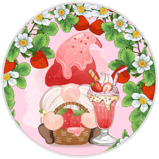 10” Strawberry Sundae Gnome Sign, Home Decor, Aluminum, The Ritzy Cactus