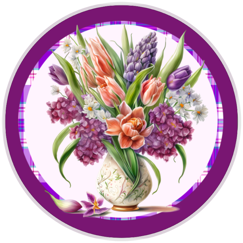 10” Mother’s Day Purple Tulip Floral Wreath  Sign, Home Decor, Aluminum, The Ritzy Cactus