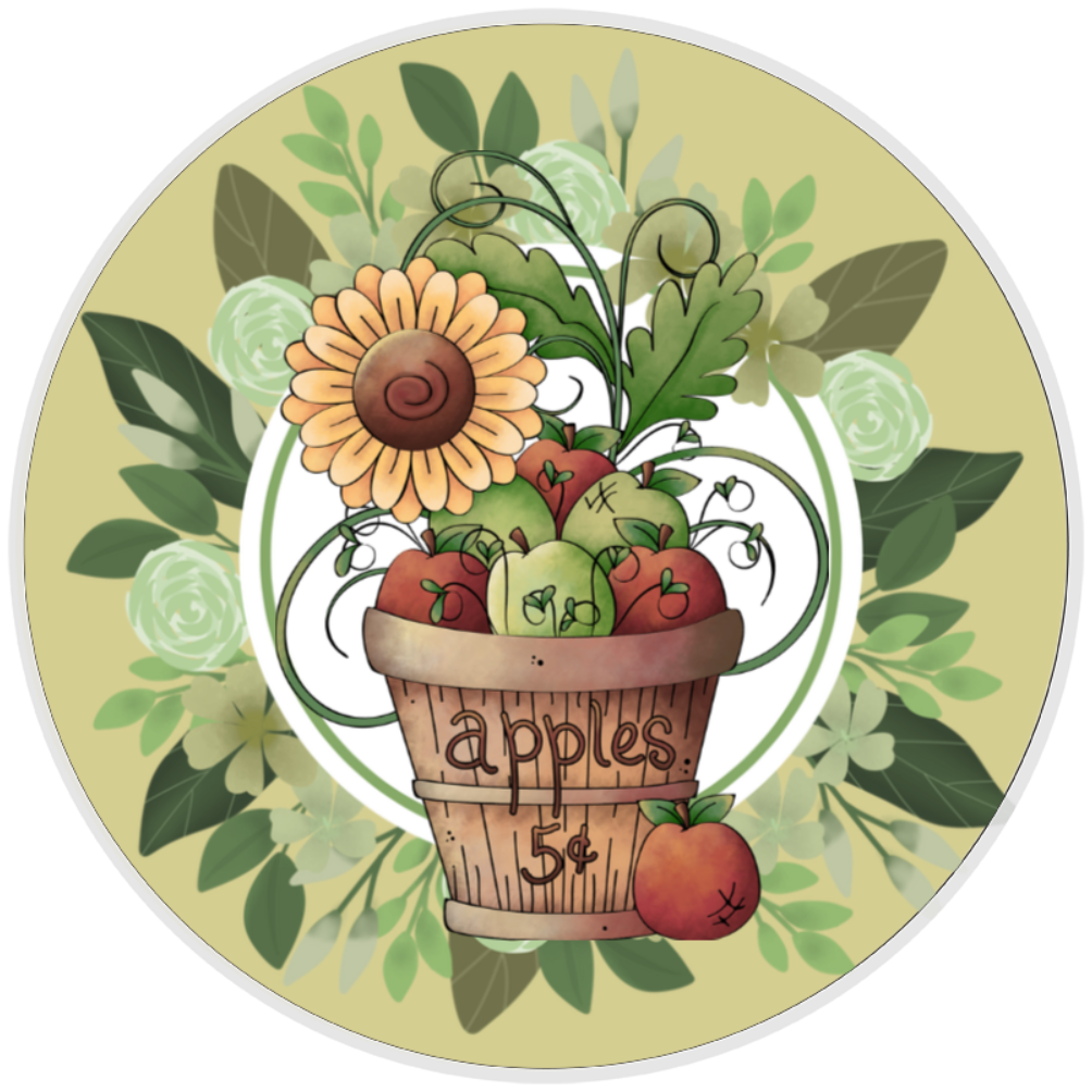 10” Apple Basket Sunflower Wreath  Sign, Home Decor, Aluminum, The Ritzy Cactus