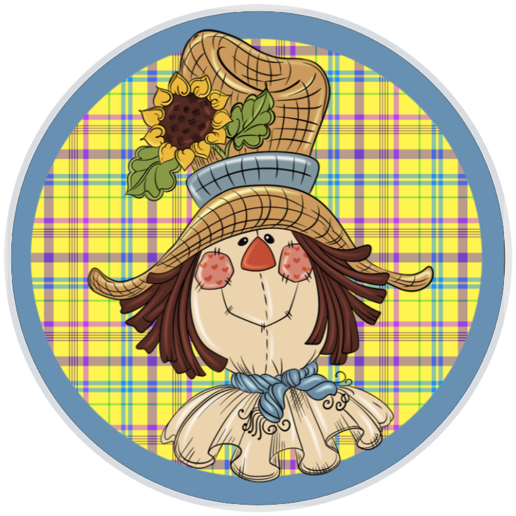 10” Fall Yellow Plaid Scarecrow Wreath Sign, Home Decor, Aluminum, The Ritzy Cactus