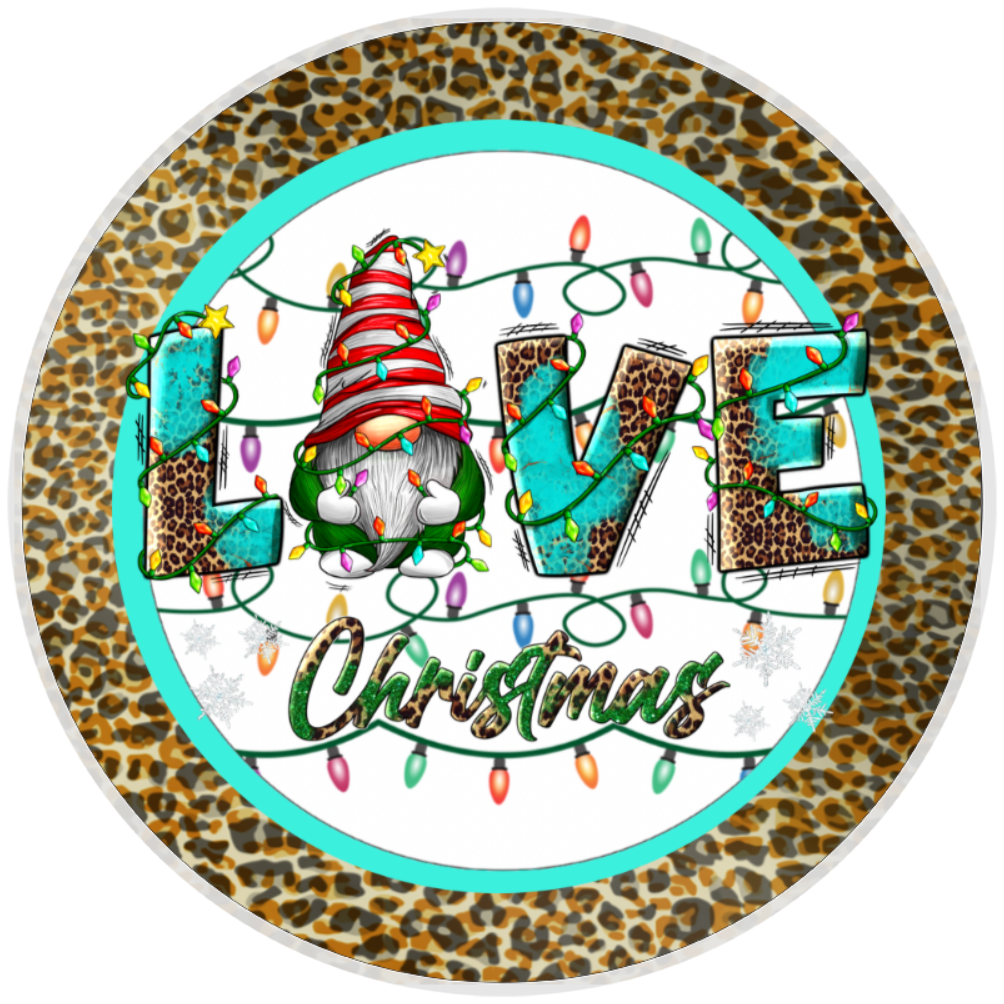 10” Christmas Light Leopard Gnome Wreath Sign, Home Decor, Aluminum, The Ritzy Cactus