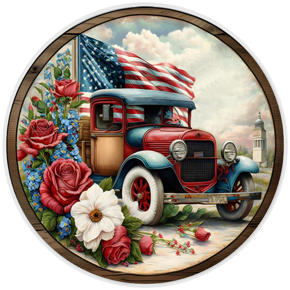 10” Patriotic Vintage Car Wreath  Sign, Home Decor, Aluminum, The Ritzy Cactus