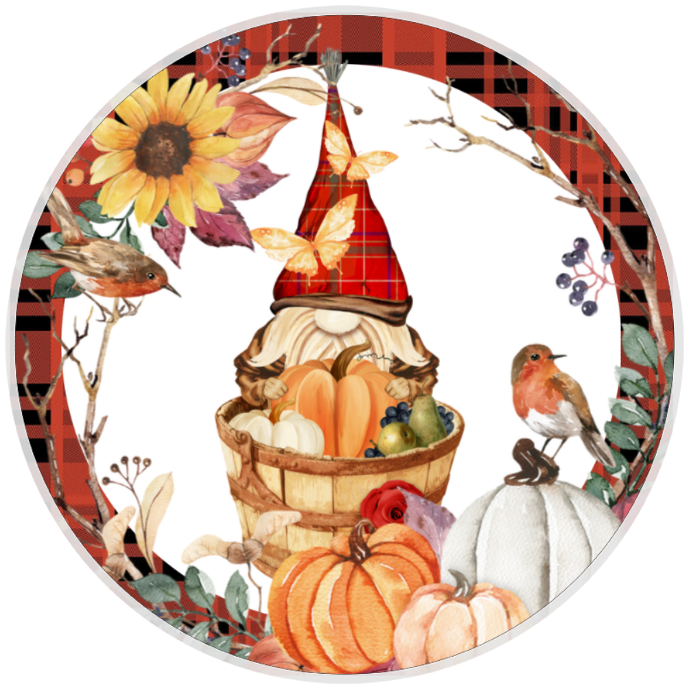 10” Gnome Fall Sunflower Wreath Sign, Home Decor, Aluminum, The Ritzy Cactus